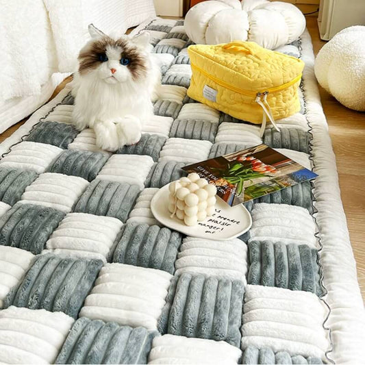 Cream Square Plaid Cozy Dog Mat Furniture Protector Cover